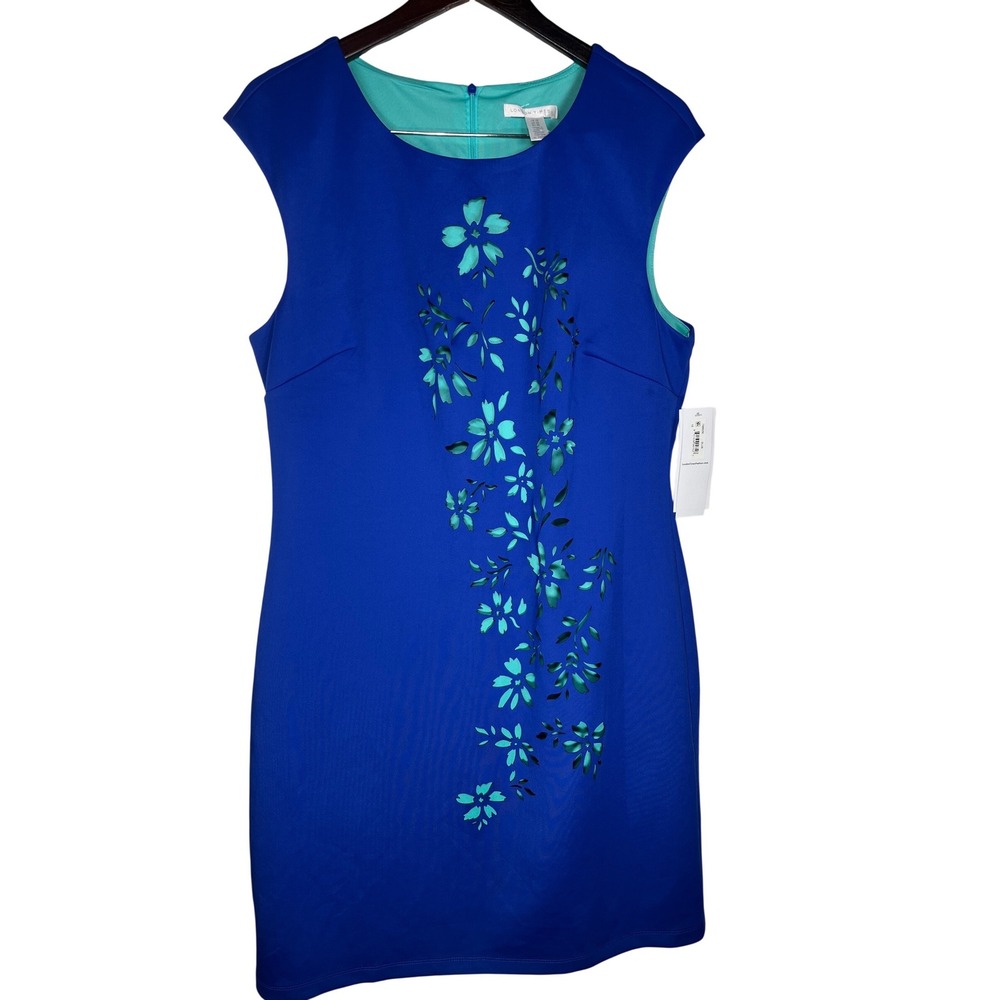 London Times Blue/Turquoise Floral Laser Cut Sheath Dress Women's 16 Career Chic
